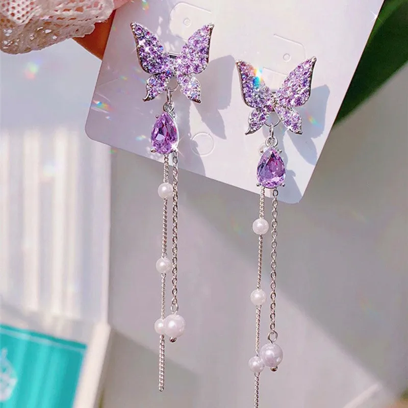 KoreanEaringsFashionJewelryPurpleButterflySimulationPearlStud