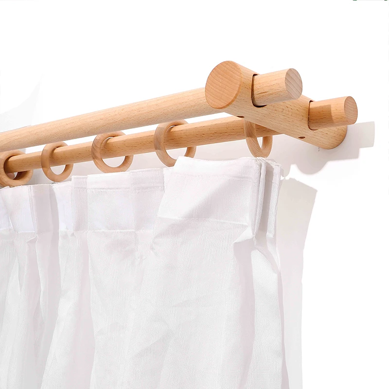 Beech Solid Wood Curtain Rods Roman Poles Single Double Rod Japanese Wooden Track Brackets Holder Rings Accessories Customized