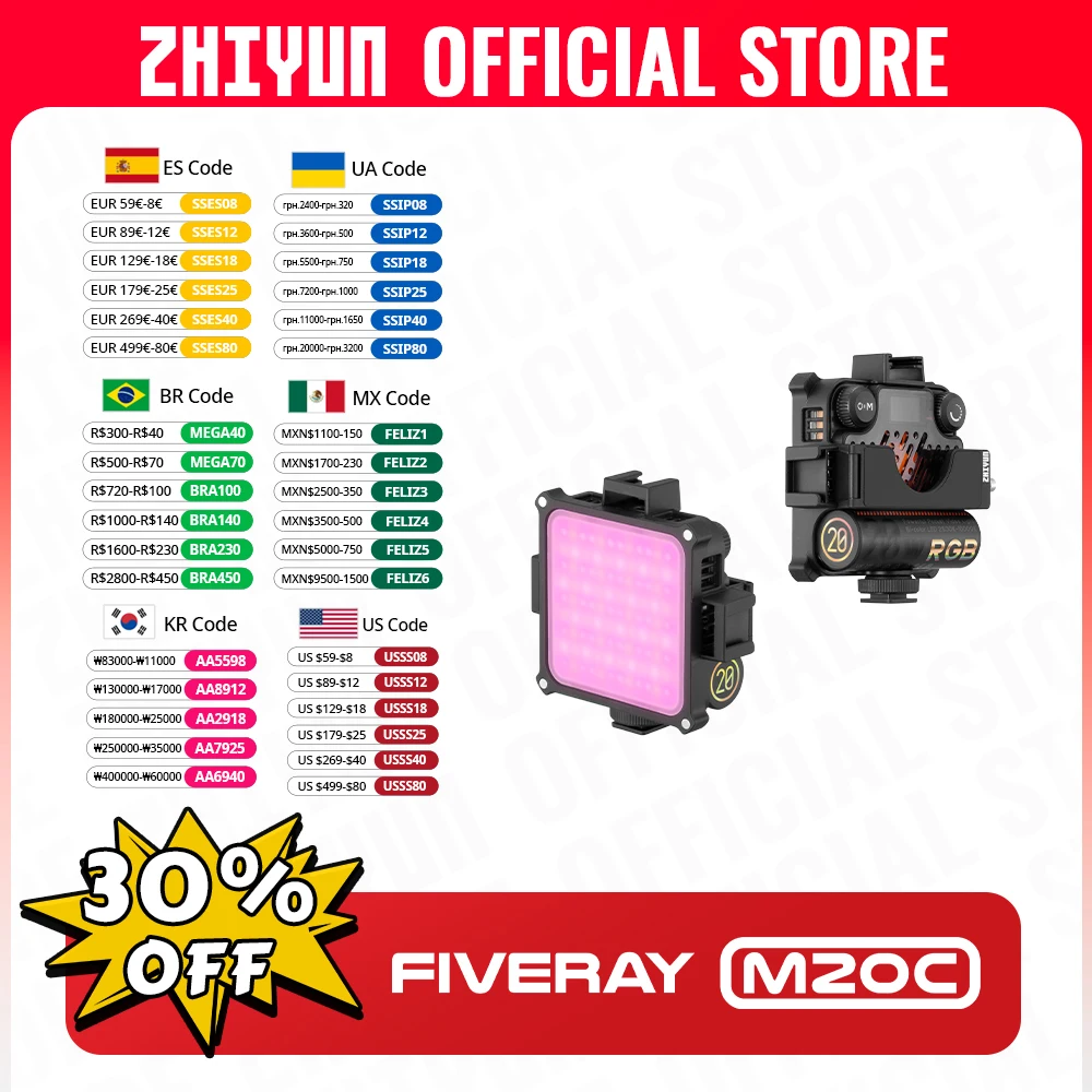 

ZHIYUN официальный FIVERAY M20C M20 полноцветный RGB светодиодный видео свет Магнитная фотография светильник CRI 95 + 2500K-10000K управление приложением