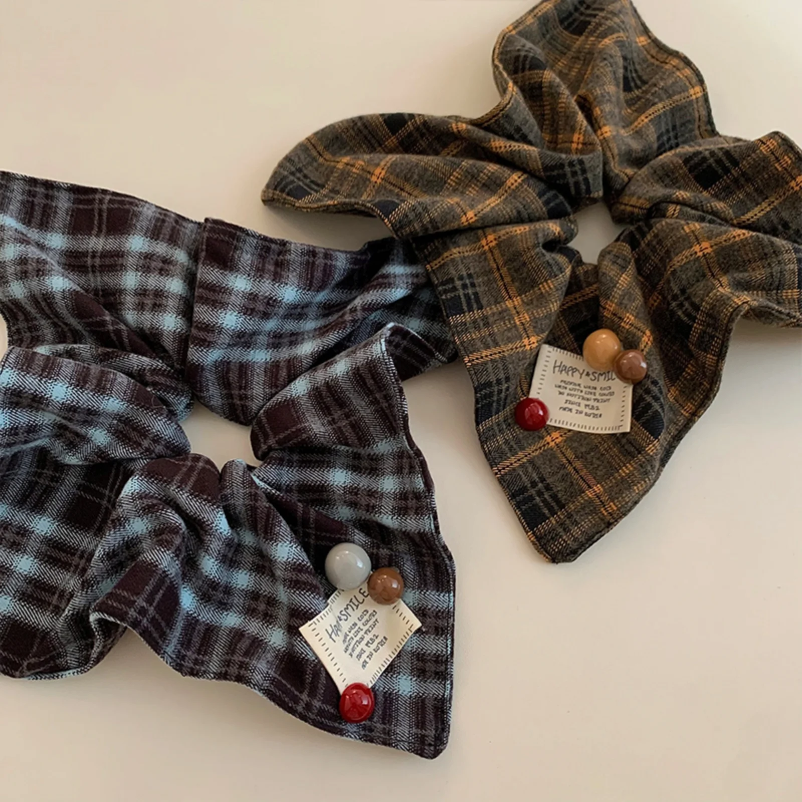 1PC Plaid Scrunchies Set: Vintage - Style Hair Accessories With Cute Beads, Soft Fabric, Perfect For Daily Wear, Gifts For Her