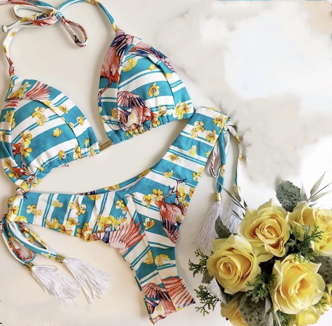 New Swimwear Women's Bikini Print Tassel Strap Swimwear Women Crochet