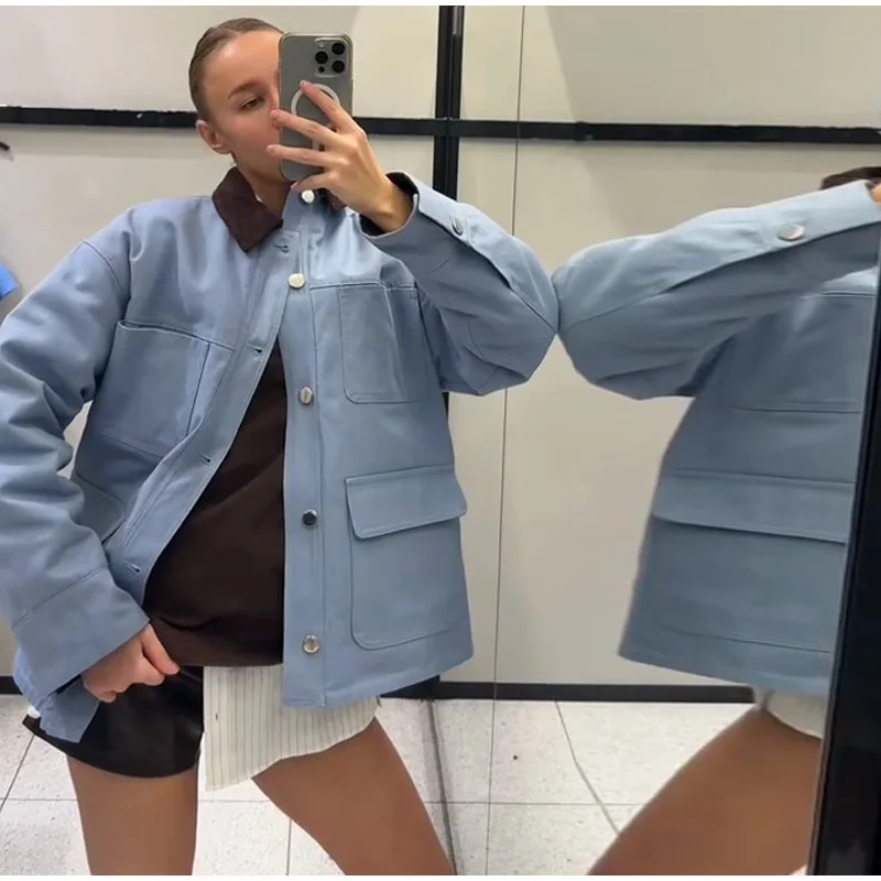 Jacke mit Revers und Taschen für Damen, Farbblock-Design, Lange Ärmel, Einreihiger Gerader Mantel, Lässige Streetwear, Neue Damenjacken – Detail 13