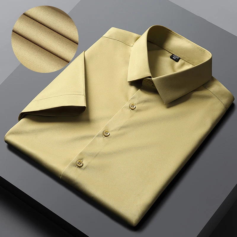 

Рубашка мужская однотонная с коротким рукавом, эластичная гладкая сорочка Slim Fit, удобная повседневная модная деловая, без карманов, на лето