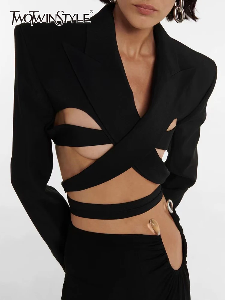 

TWOTWINSTYLE Hollow Out Chic Blazers For Women Notched Long Sleeve Backless Spliced Lace Up Solid Short Blazer Female Clothing