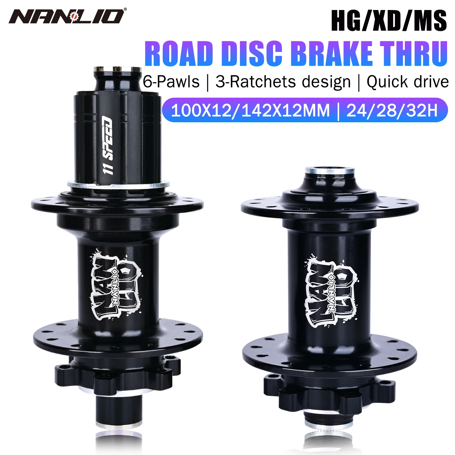 NANLIO Road Bicycle Hubs X150, 6 Pawl 150 Click Freehub 100x12mm Front 142x12mm Rear Thru Axle 24 28 32 36 Holes