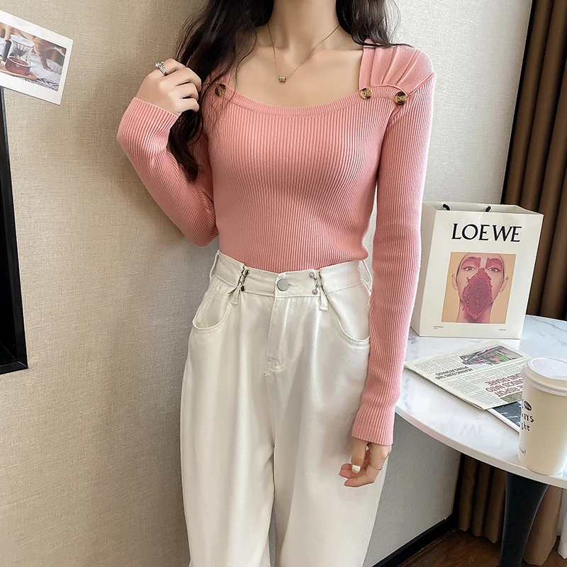 cute sweaters Spring Casual Long Sleeve Women Pullovers Sweater autumn square collar buttons Knitted Sweaters Korean Style Slim pink Knitwear pink cardigan