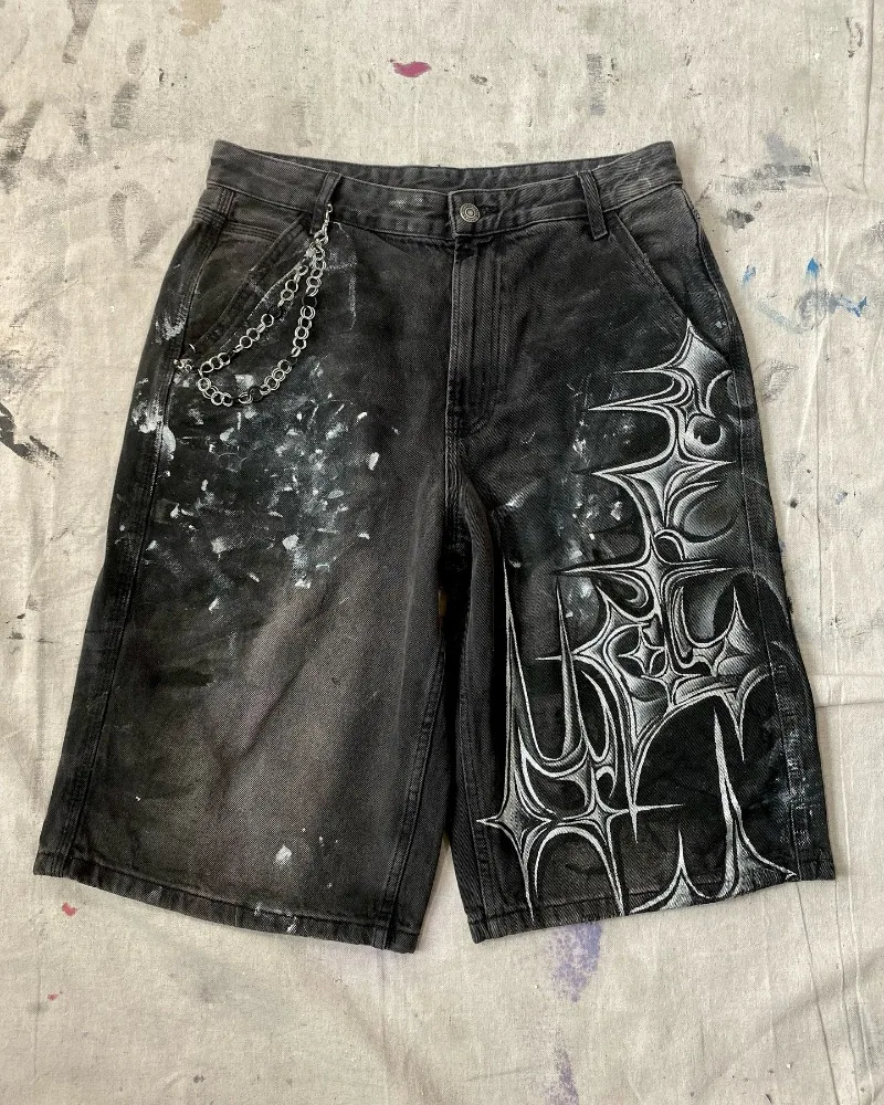 Y2K New Harajuku Fashion Oversized Geometric Print Denim Short Men Vintage Gothic Hip Hop Popular Casual Joker High Waist Shorts denim shorts
