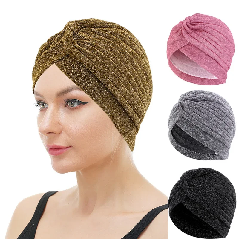 

Women Shine Silver Gold Knot Twist Turban Headbands Cap Autumn Winter Warm Headwear Casual Streetwear Female Muslim Indian Hats