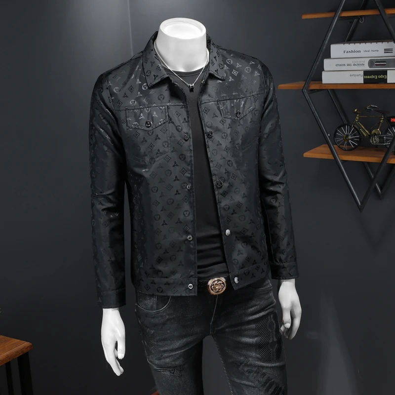 Luxury Men's Jacquard Print Jacket with Turn-down Collar for Fashionable Outfits  men clothing Spring Fashion Top