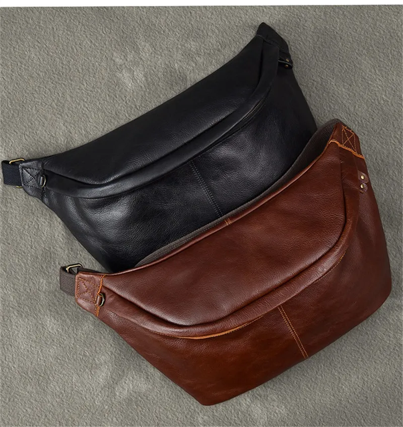 Large capacity genuine leather men's chest bag vintage fashion casual real cowhide daily sports big shoulder messenger bags