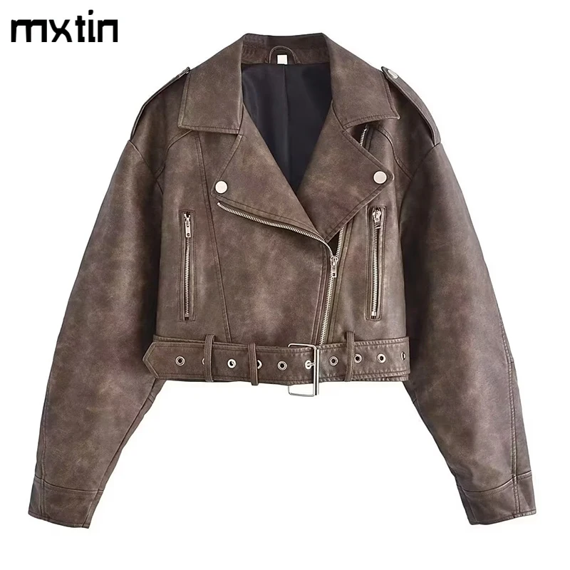 

Women's Bomber Jacket Women Autumn Vintage Leather Coat Fashion Lapel Collar Long Sleeve Pu Overcoat Female Casual Tops Clothing