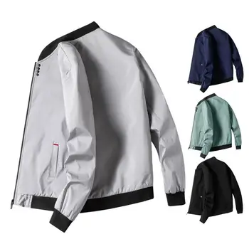 Cappotto da uomo leggero Giacca da baseball da uomo con colletto alla coreana con tasche con abbottonatura con cerniera Cappotto casual con orlo elastico lungo da uomo 1