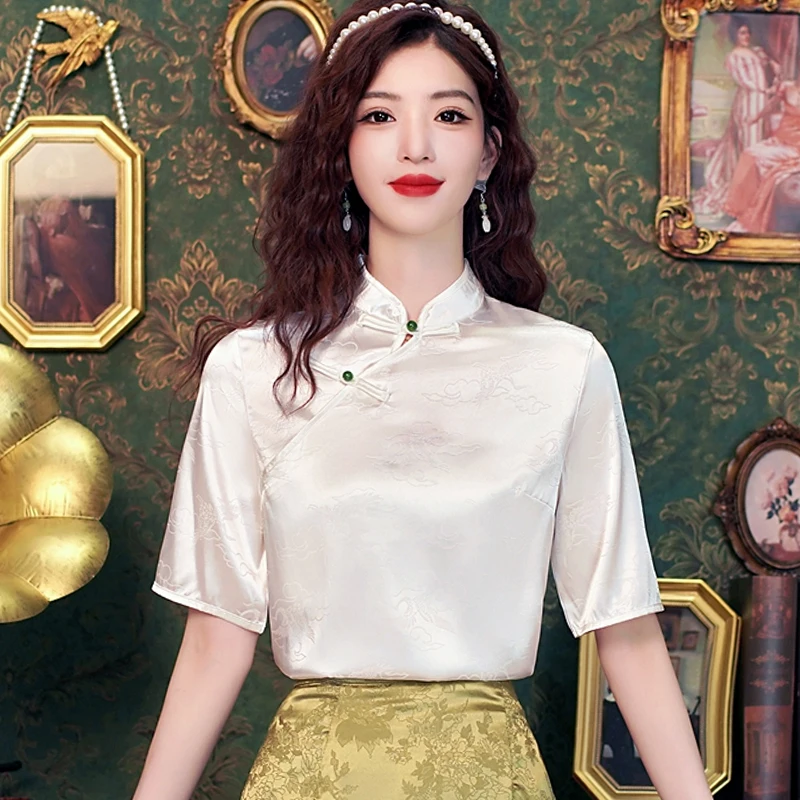 여성용 자카드 블라우스 셔츠 상의, 중국 스타일, 반팔, 흰색 블라우스, 2024 베라노, H555, 새로운 패션