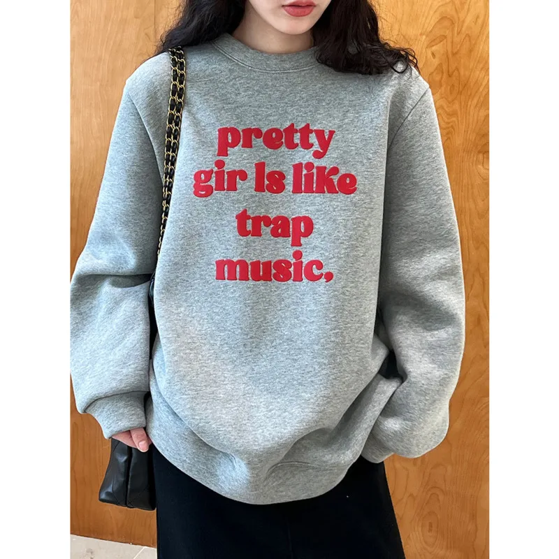 

Autumn Winter Plush Letter Sweatshirts Women Thicken Warm Round Neck Loose Cotton Pullovers Tops