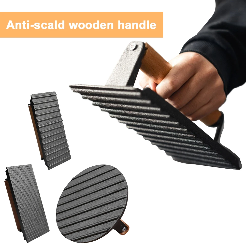 Cast Iron Rectangular Meat Press with Wooden Handle Kitchen Heavy Flat Steak Weight/Bacon Press Uncoated Hamburger Patty Maker