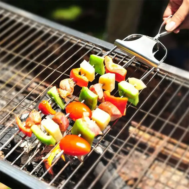 2Db Kabob Nyárs Push Rudakkal Újrafelhasználható Kabob-Botok Rozsdamentes Acélból 3-Prong Bbq Nyársok A Húsos Zöldségek Grillezéséhez