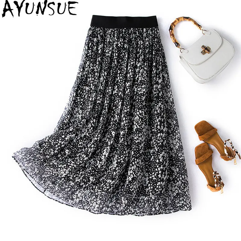 

95%mulberry Real Silk Summer Floral Skirt Women's Clothing New Long Skirt Slim Thin Elastic Waist Ruffle Skirt for Women Clothes