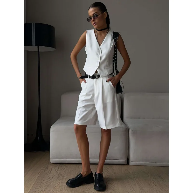 V-Neck Sleeveless Female 2 Piece-Set Casual Slim Straight Trousers Pocket Solid High Street Outfits Fashion Shorts Sets