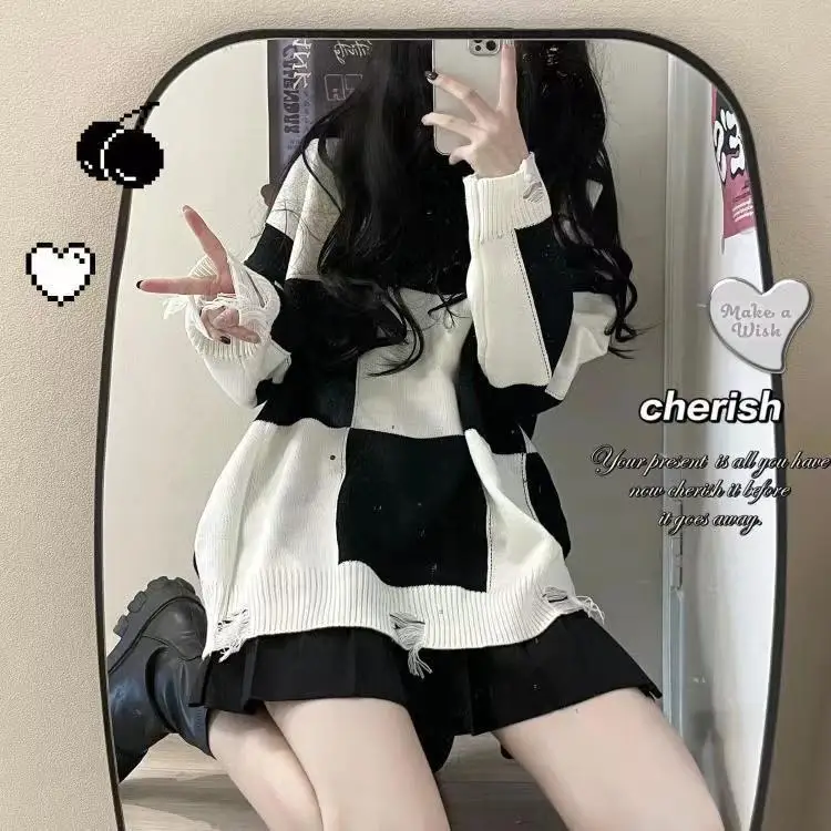 

Korean Style Plaid Cute Oversize Sweater Womens Harajuku Hollow Out Knitted Crewneck Jumper Pullover Female Sweat Tops 2022