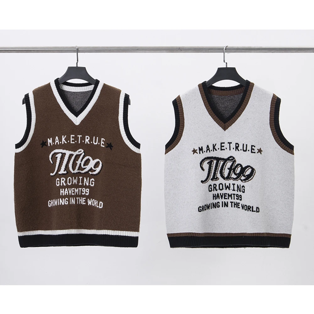 

Japanese Retro Alphabet Digital Number Jacquard Knitted Sweaters Unisex Sleeveless V Neck Pullover Vest Oversized Men's Tops