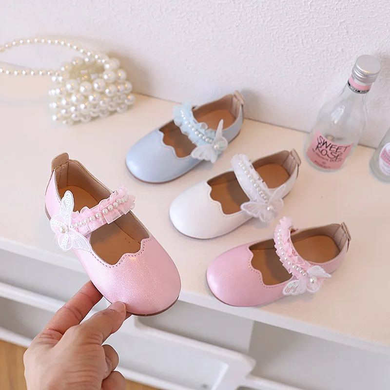 Girls Leather Lace Pearl Ballet Flat Shoes for Wedding Party