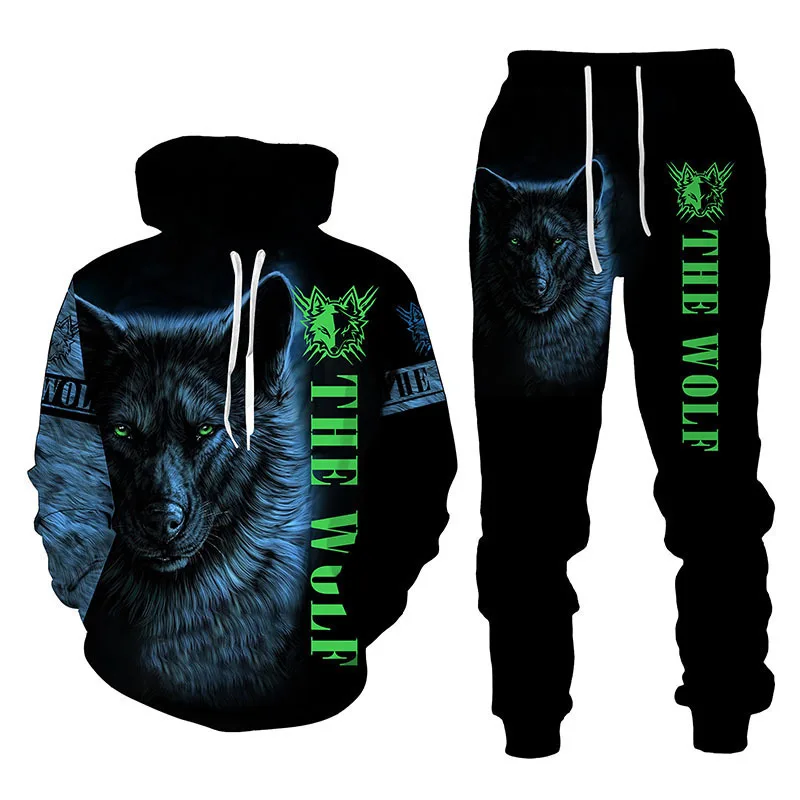 Autumn/Winter New Fierce Wolf Pattern Hoodies Pants Set 3D Printed Casual Sweatshirt Tracksuit Set Fashion Men\'s Clothing Suit