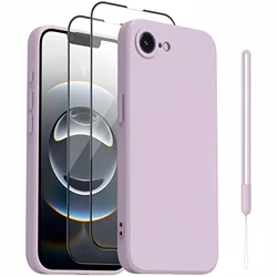 Liquid Silicone Shockproof Protective Slim Phone Case with Screen Protectors and Lanyard - Solid Color for iPhone 17 e (Light Purple)