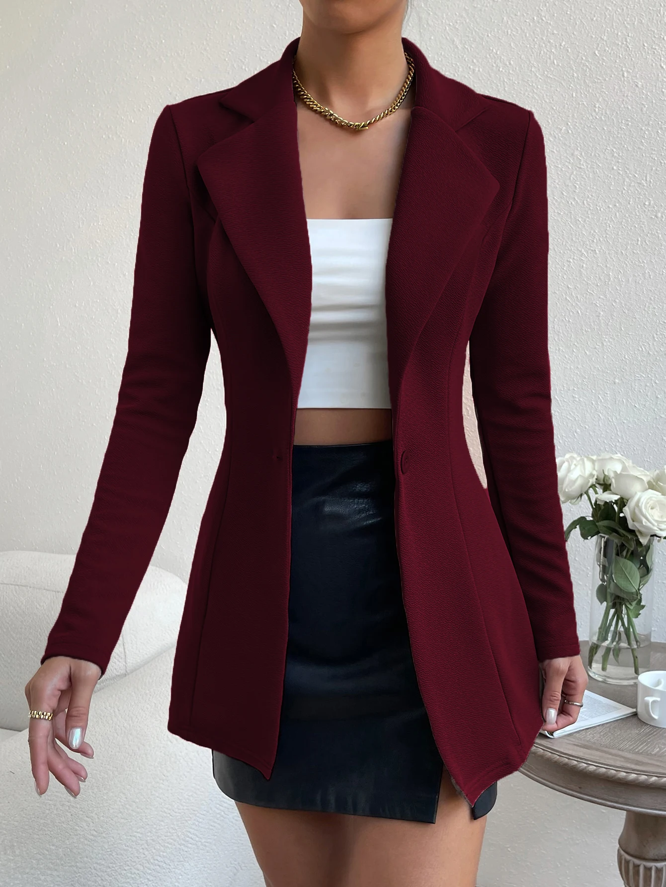 Solid Button Front Blazer, Elegant Long Sleeve Slim Blazer For Office & Work, Womens Clothing