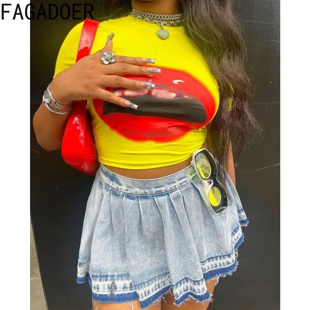 FAGADOER Blue Casual A-line Mini Denim Skirts Women High Waist Cowboy Pleated Skirts Fashion Y2K Female Solid Matching Bottoms