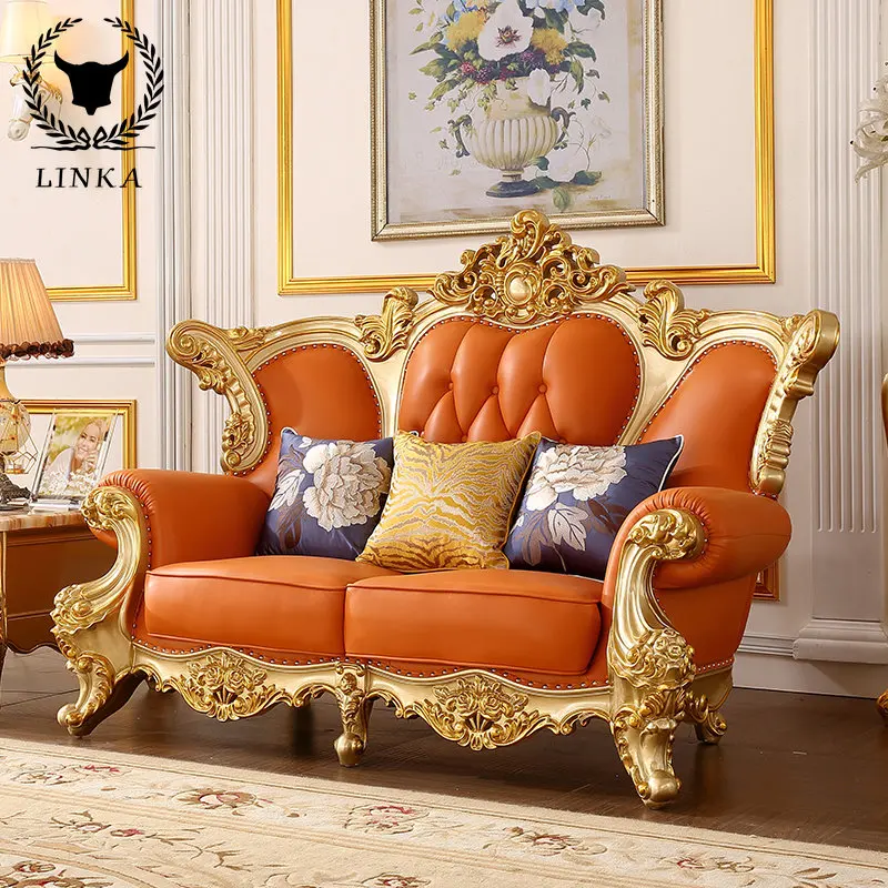 

European-style leather sofa combination solid wood carved atmospheric villa sofa 1+2+3 champagne gold/gold sofa