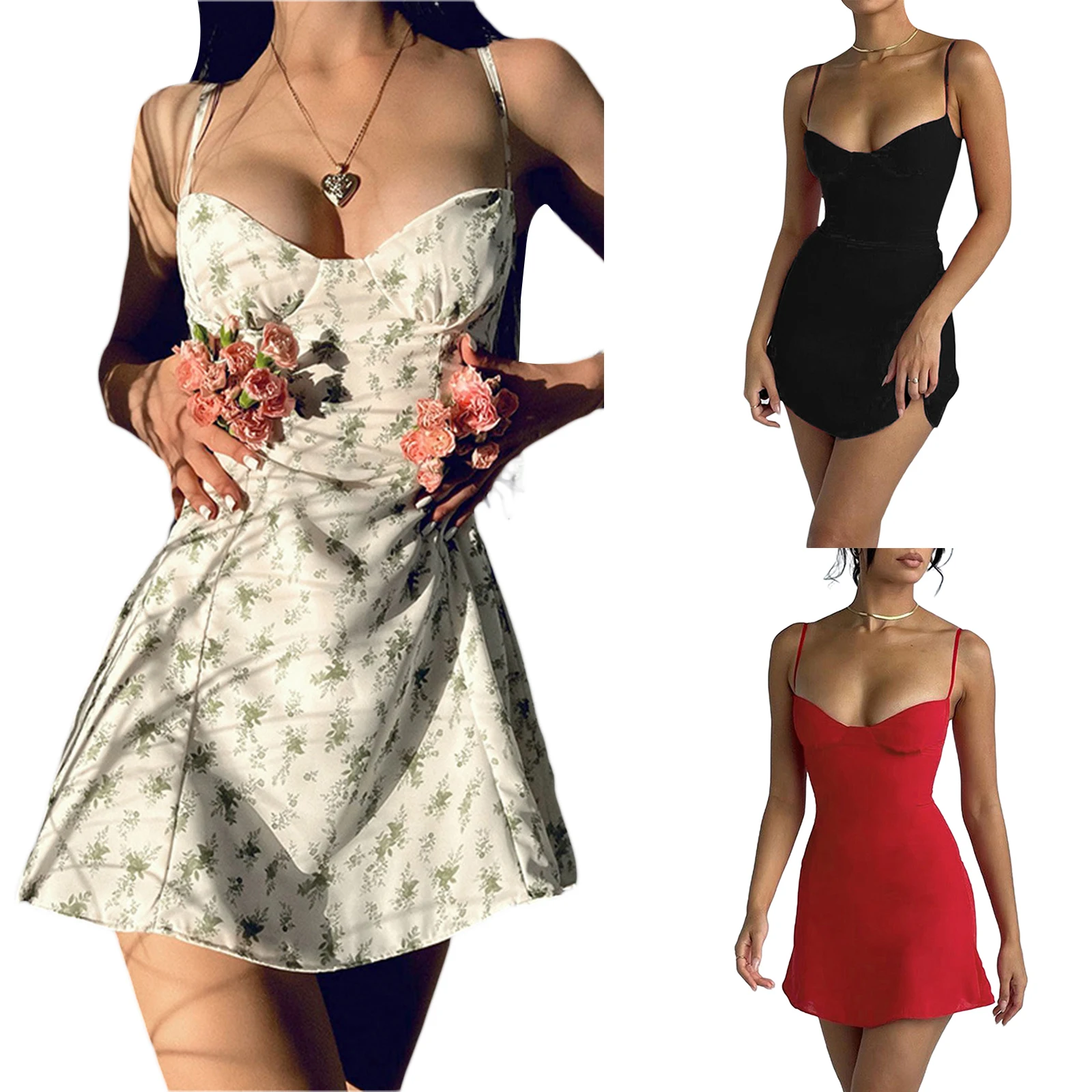

Women's Slip Dress Solid Color/Floral Printed Sleeveless Low-Cut Slim-Fit Sling Dress Casual Simple Sweet OnePiece Clothes