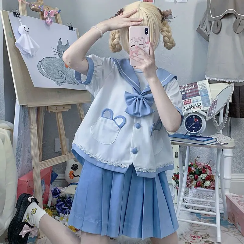 Japan High Quality Kawaii Jk Women Girl Sweet Cute Sailor Collar Bow Lace-Up Suit Set Student Girly Clothing Tops