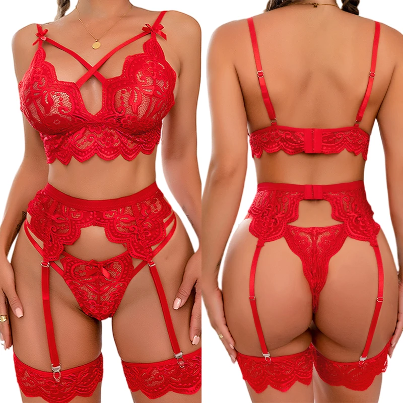 Sommerliche, erotische Dessous für Damen, BH und Höschen mit Strumpfhaltern, 3-teiliges transparentes, sexy Kostüm, sexy Damen-Unterwäsche-Set in Übergröße – Detail 2