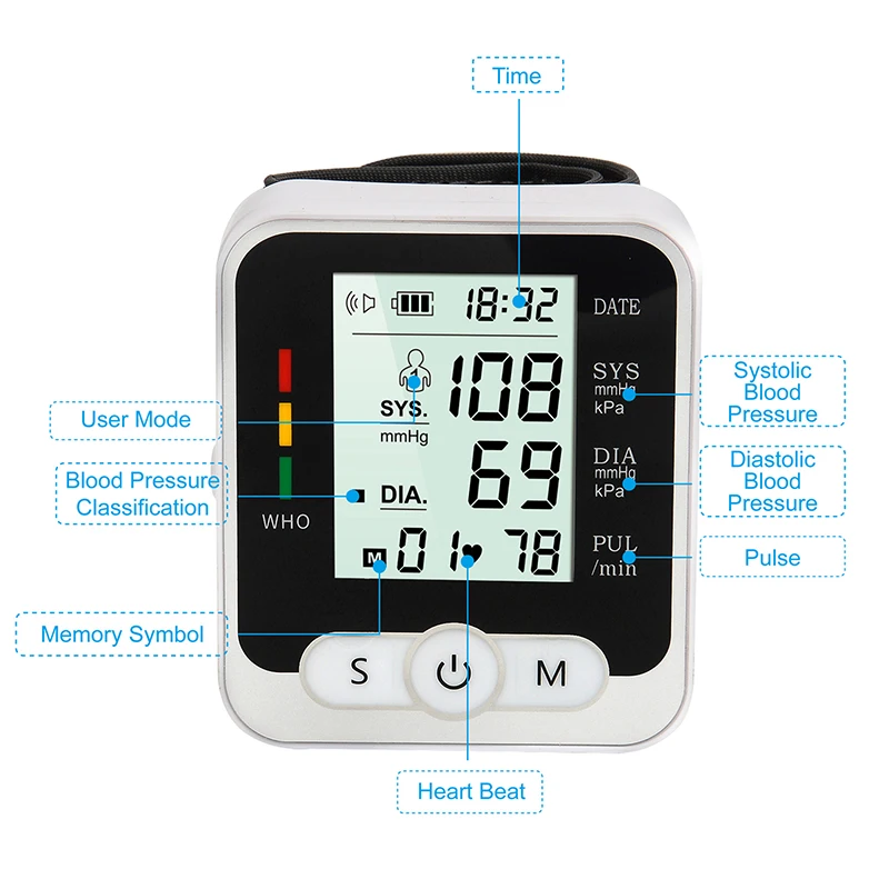 Portable Automatic Sphygmomanometer Medical Digital LCD Display Wrist Blood Pressure Monitor Pulse Heart Rate Monitor Tonometer