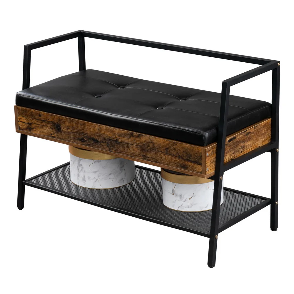 

Shoe Storage Bench Industrial Hidden Shoe Rack Bench Organizer with Storage Chest Mesh Shelf Rustic Brown[US-Stock]