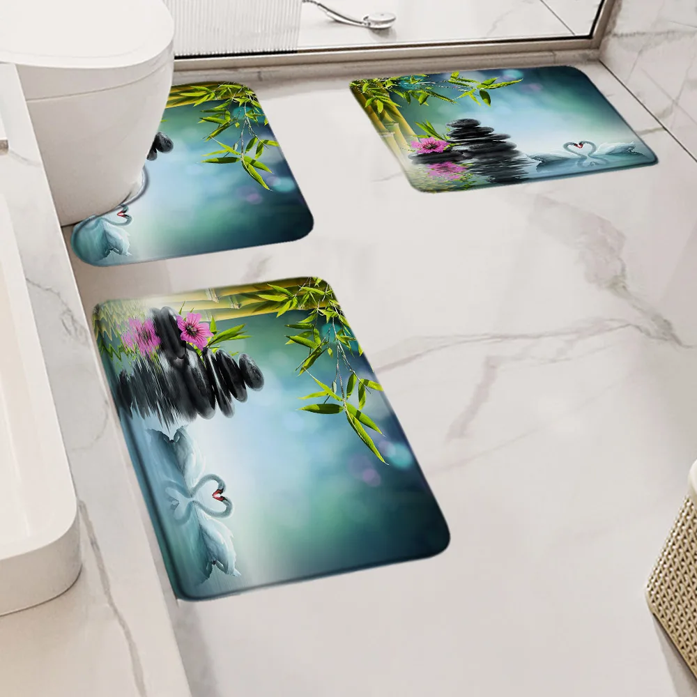 Zen Green Bamboo Bath Mat Set Black Stone Flower Swan Spa Nature Scenery Home Carpet Bagno Decor Tappeti Antiscivolo Tappetini A Forma Di U