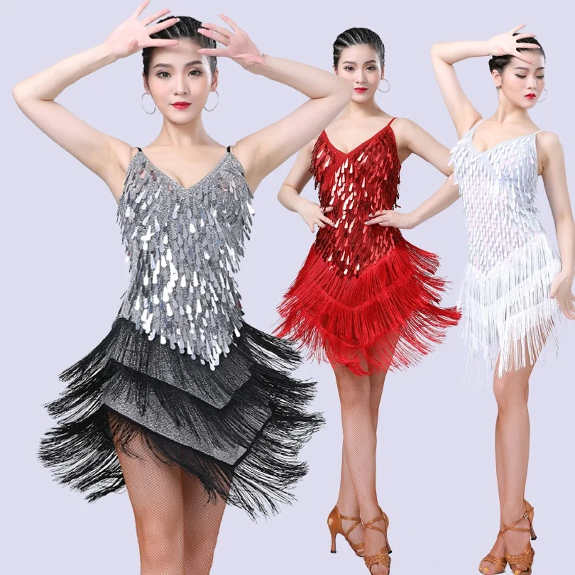 

Sling sequin dress Latin dance Tassel sequin dress women Latin dance stage competition performance costume Training outfits