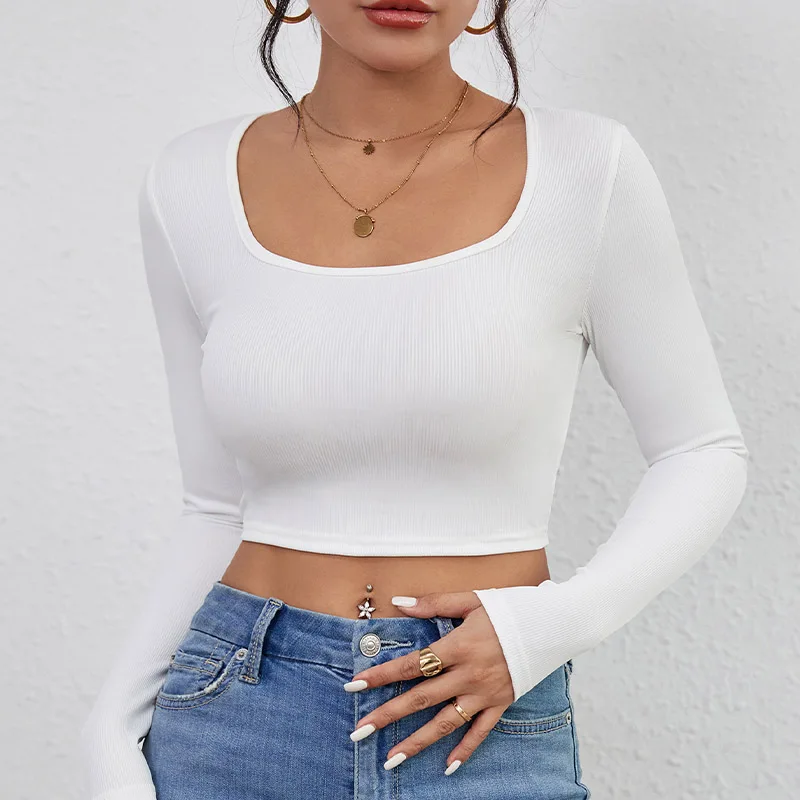 

Squared Neck Cropped T-shirt, Casual Long Sleeve Solid T-shirt, Women's Clothing