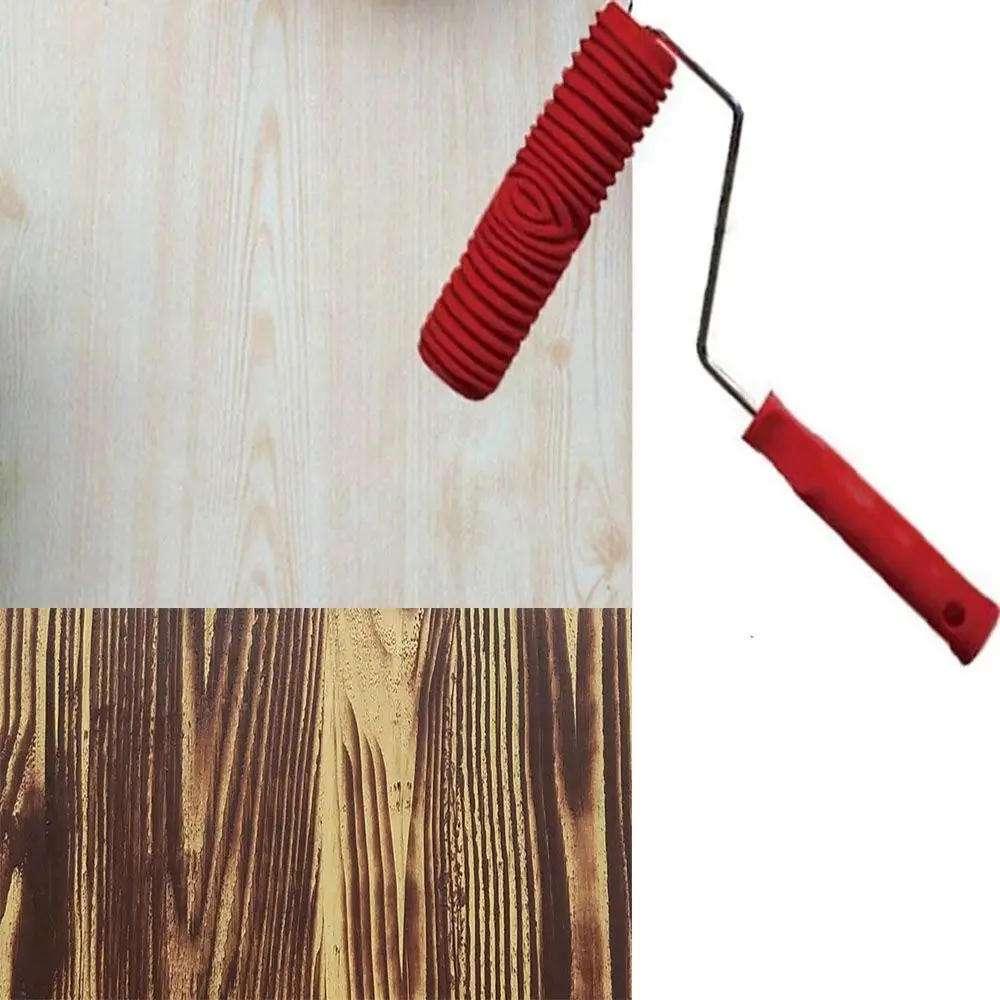 Rubber Imitation Wood Grain Pattern Paint Roller DIY Paint Texture Pigment Printing Wall Painting Roller with Handle Home Tool
