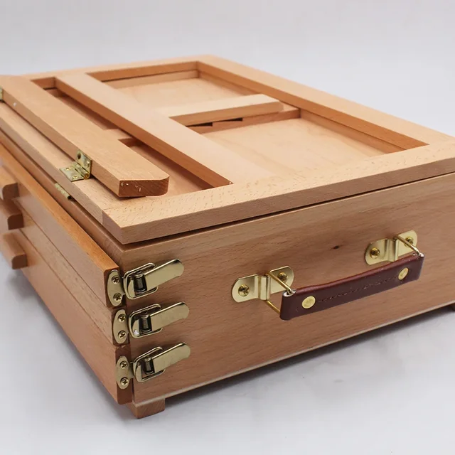 Adjustable Wooden 3-Drawer Storage Box Easel, Beechwood Portable Artist Desktop Case with Fold Down Canvas Easel for Markers 5