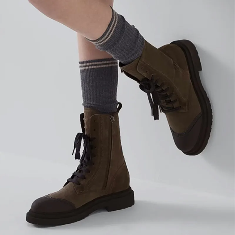 

Leather Suede Women's Ankle Boots Round Toe Thick Bottom Outdoor Lace-Up Shoes Female High Quality Flat Heel Knight Botas mujer