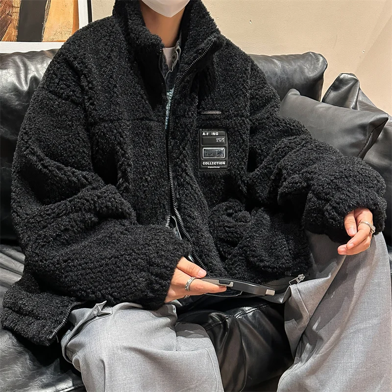 

Winter Lamb Wool Men's Loose Parkas Fashion Hip Hop Zippers Jackets Stand Collar New Brand Harajuku Male Outerwear