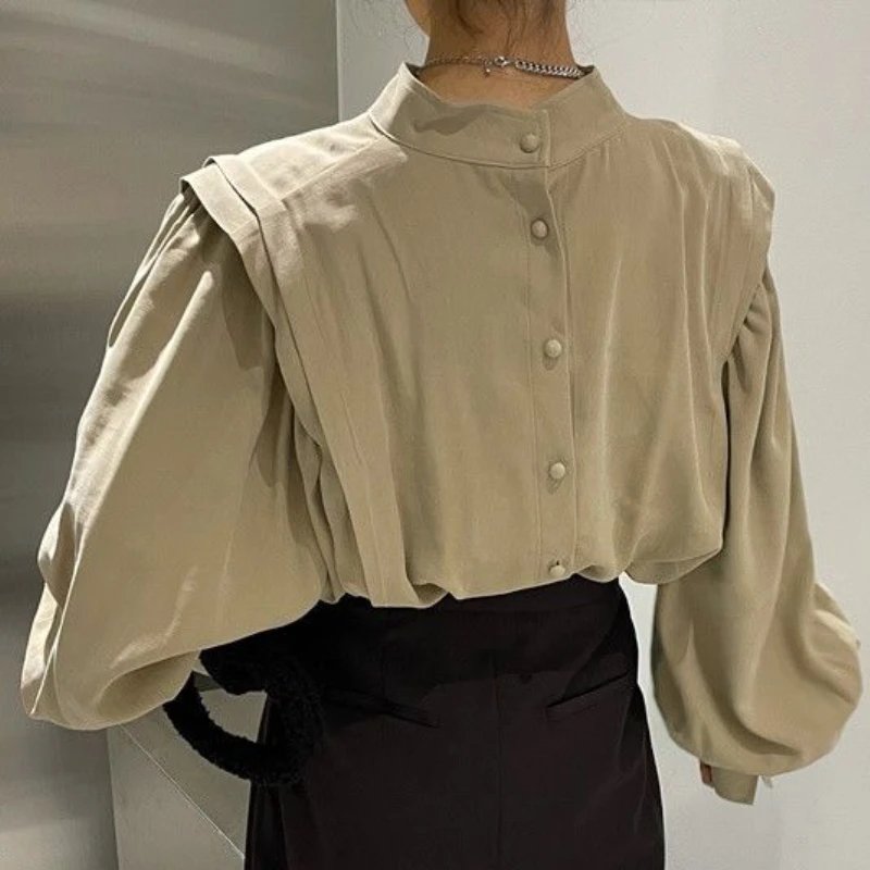専用⭐︎Puff Sleeve Collar Blouse (Cream) ♡ Blouses Women Lantern Sleeve Solid Simple Spring Cozy Half