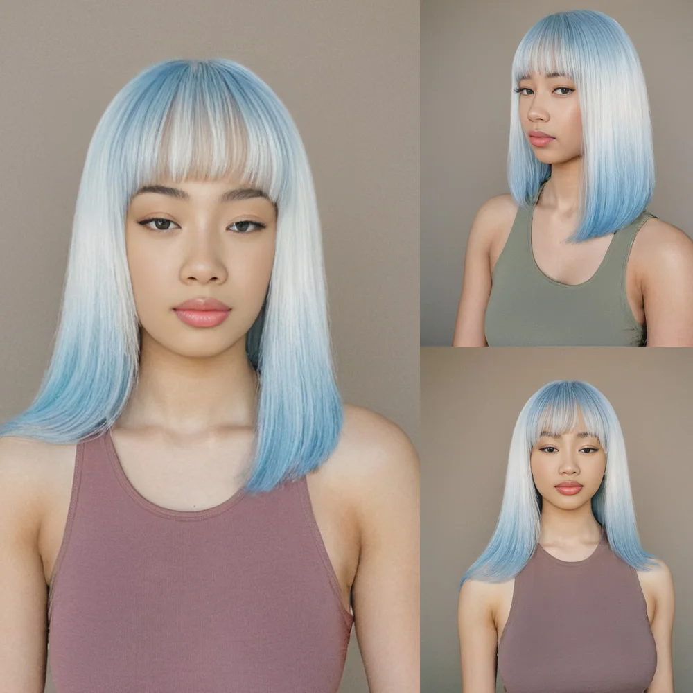 SNQP 40cm Short Straight White with Blue Wig New Stylish Hair Wig for Women Daily Cosplay Party Heat Resistant Natural Looking