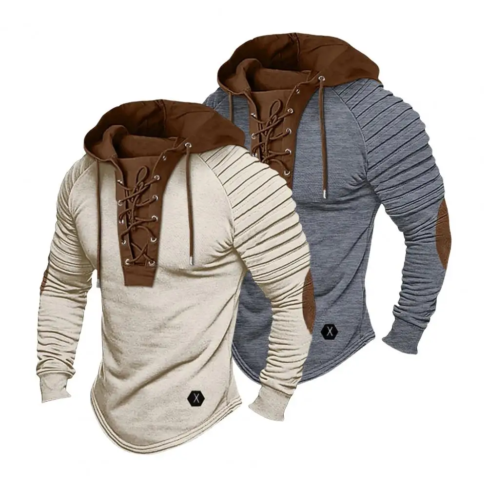 

Men Casual Top Vintage Lace-up Drawstring Men's Hoodie with Pleated Shoulders Soft Stretchy Breathable Daily Top Men Hooded