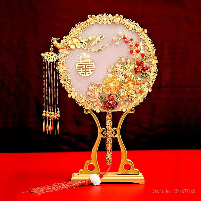 Creative Wedding Bridal Group Fan, Wedding Gift, Handmade Chinese Hand Bouquets Ancient Style Happy Finished Decorative Fan, 1Pc