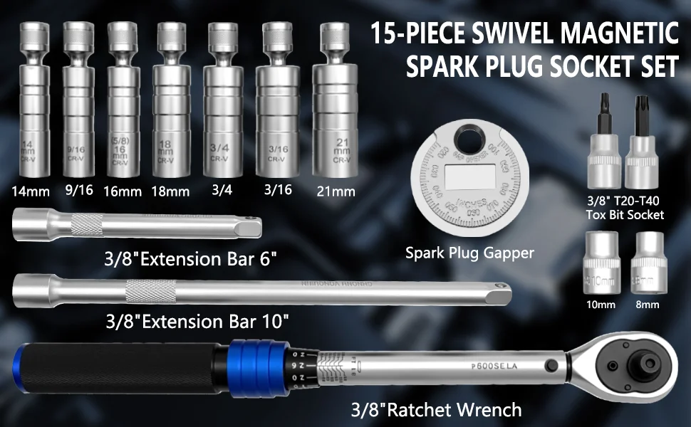 15 Stück magnetischer Zündkerzenschlüssel-Adapter, 12 Winkel, mit Ratschenschlüssel, Zündkerzenspalt und Verlängerungsstange – Detail 2
