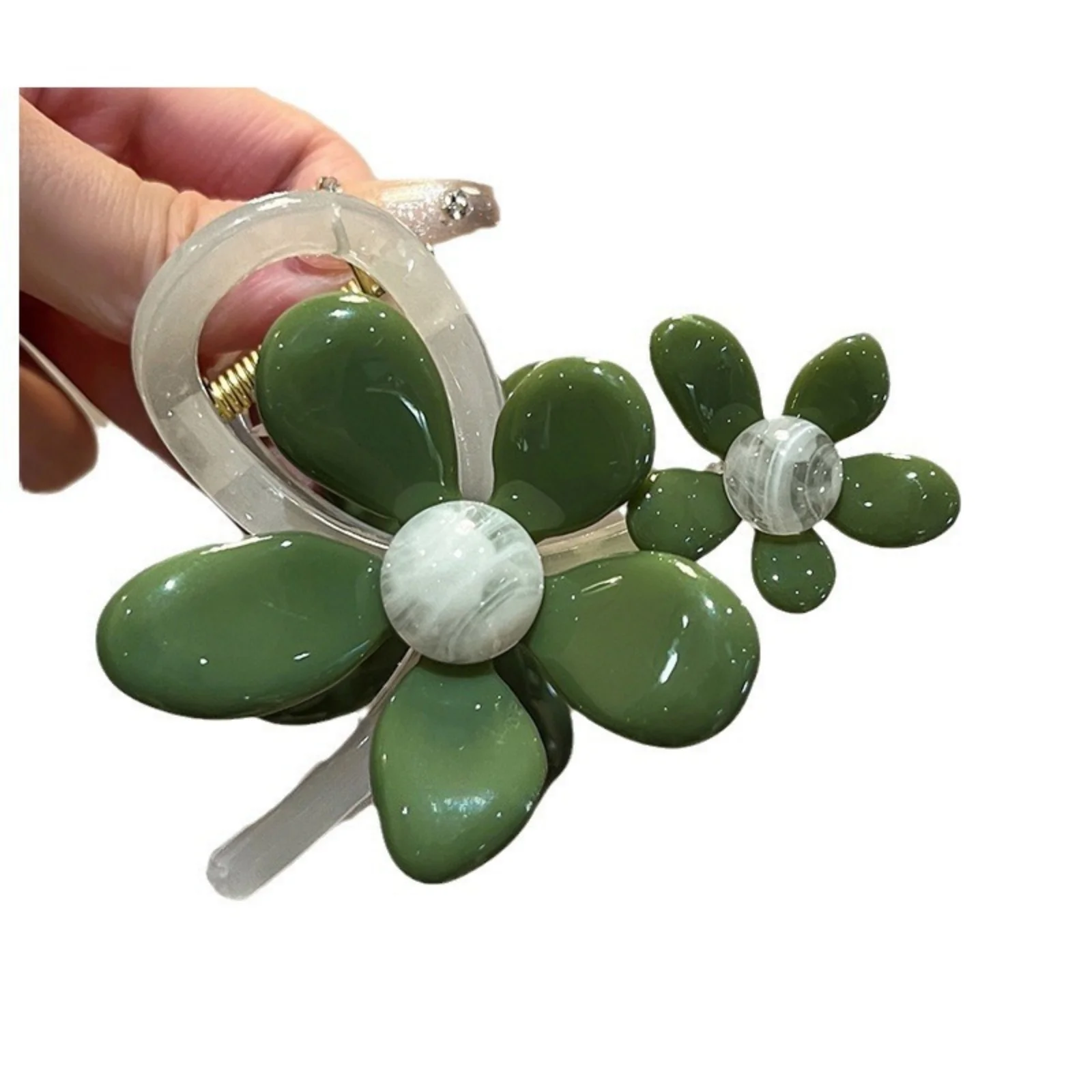 1PC Green Floral Hair Claw, Pearl - Decorated Acrylic Clip, Fashionable Hair Accessory for Women's Chic Hairstyles