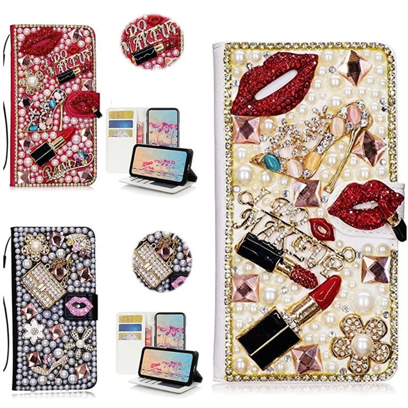 

Diamond Kiss Lipstick High Heel Flower Handbag Wallet Card Slot Leather Case for Iphone 14 13 11 Pro Max XS Max XR 8 7 6 12 Pro