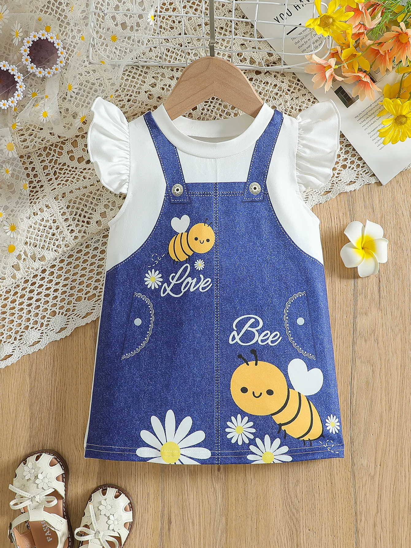 Girls Dress Baby Girl Dress A summer cute and fun little bee flower round neck fake two-piece suspender dress